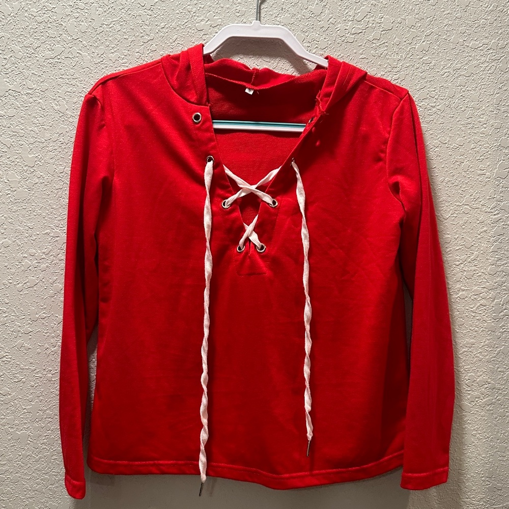 Red Juniors Long Sleeve Hoodie with cross-tie V neck